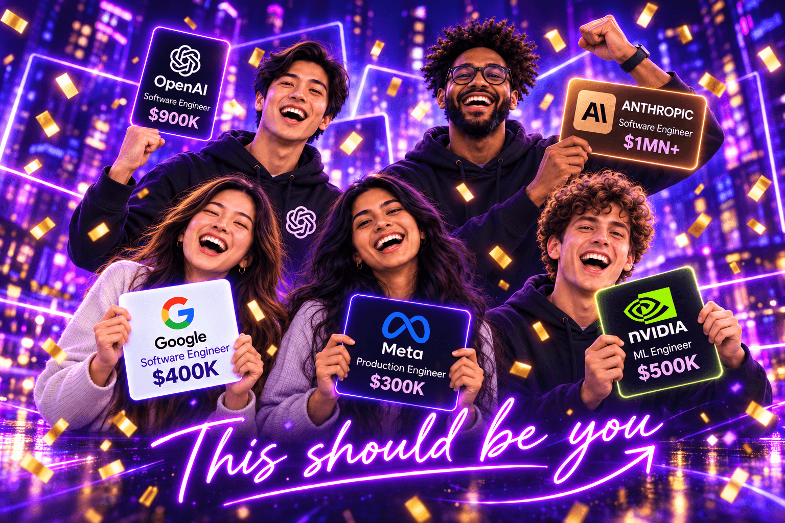 Illustration of engineers celebrating offers from their target technology companies. This should be you.